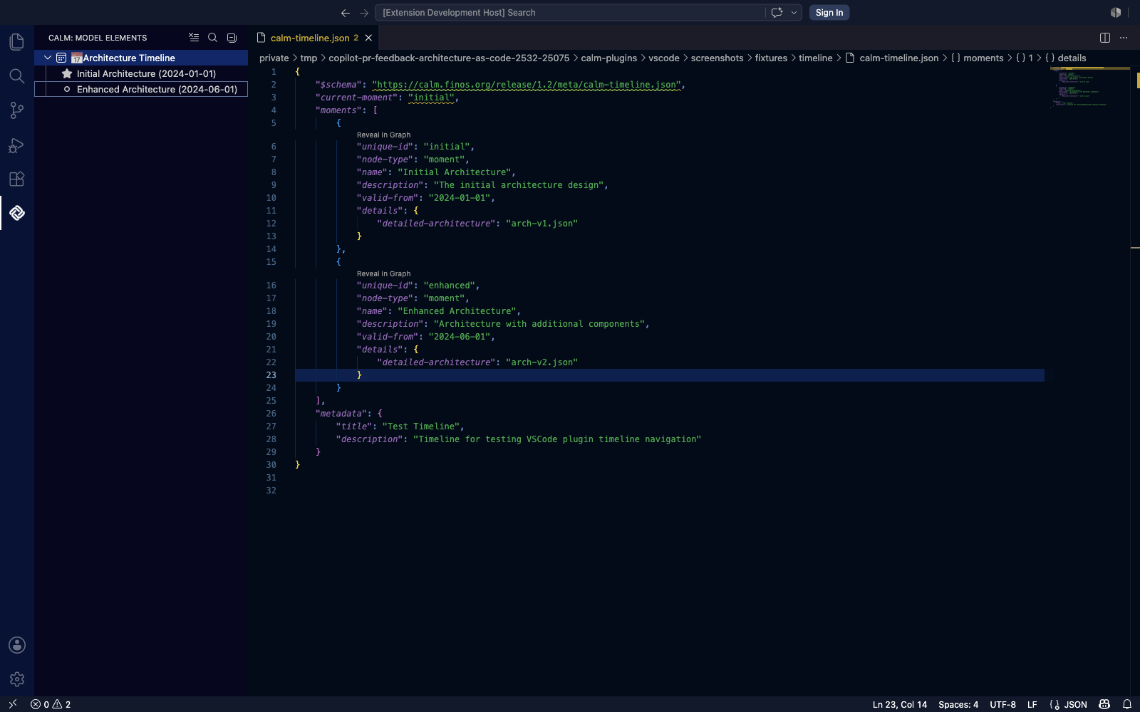 CALM sidebar in timeline mode showing two architecture moments