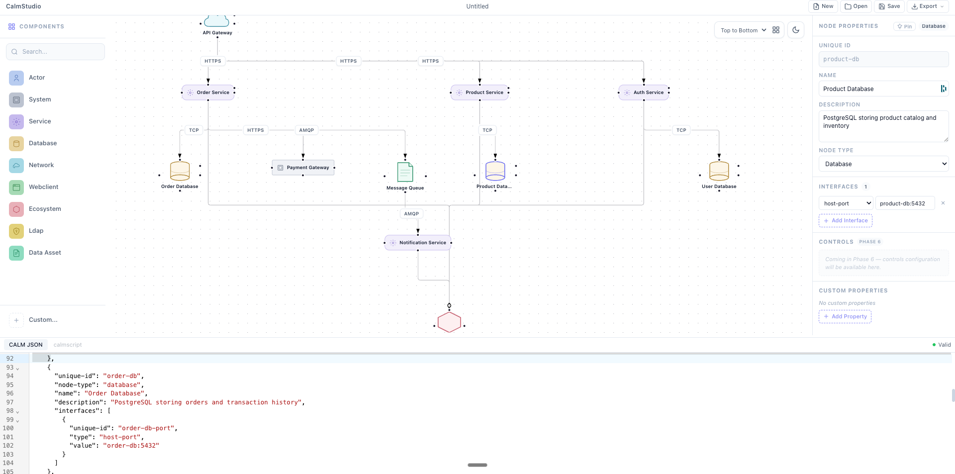 CalmStudio interface showing the canvas, node palette, and CALM JSON editor